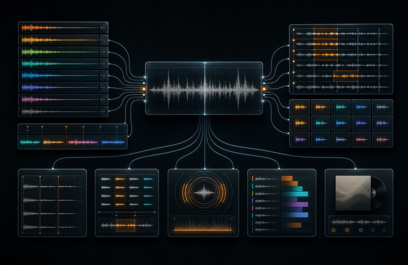 ProduceHits ecosystem map showing one song becoming reusable audio outputs